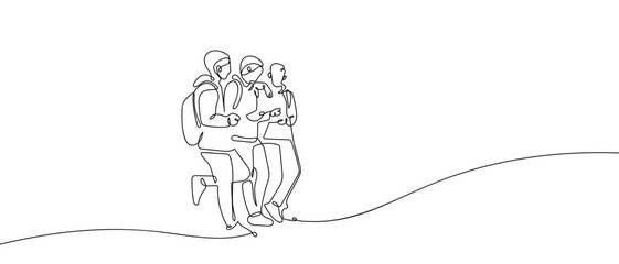 A group of teenagers are standing and talking in one continuous line. one line vector illustration Editable stroke.