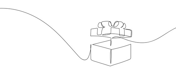 An opened gift box in one continuous line. one line vector illustration Editable stroke.