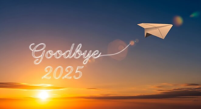 A paper airplane flies away from goodbye twenty twenty five