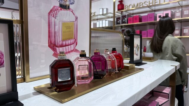Wroclaw, Poland - October 24, 2025: Victoria's secret Luxury perfume display with elegant bottles in modern retail store