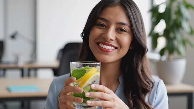 Smiling woman holds refreshing drink with lemon and mint in modern office, showcasing vibrant atmosphere, camera zooms in for detail