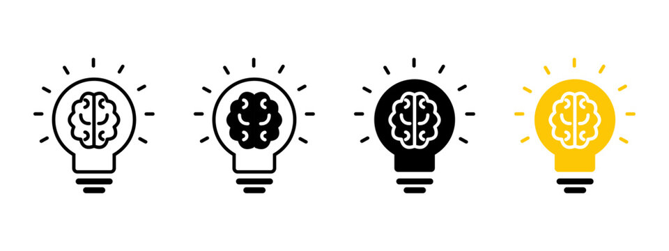 Brain in light bulb icon set. Creative, generating idea, solution , knowledge, lamp - stock vector.