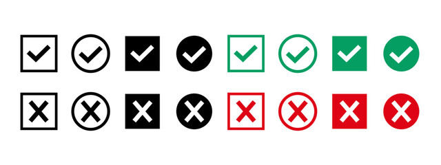 Check mark and X mark icon. Checkmark and x mark icon for apps and websites. Green and red check mark icon on white background - stock vector.