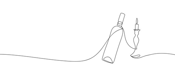 Wine bottles and candlesticks in one continuous line. one line vector illustration Editable stroke.