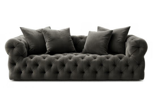 Elegant gray velvet chesterfield sofa with tufting and decorative cushions, classic living room furniture on transparent background - Powered by Adobe