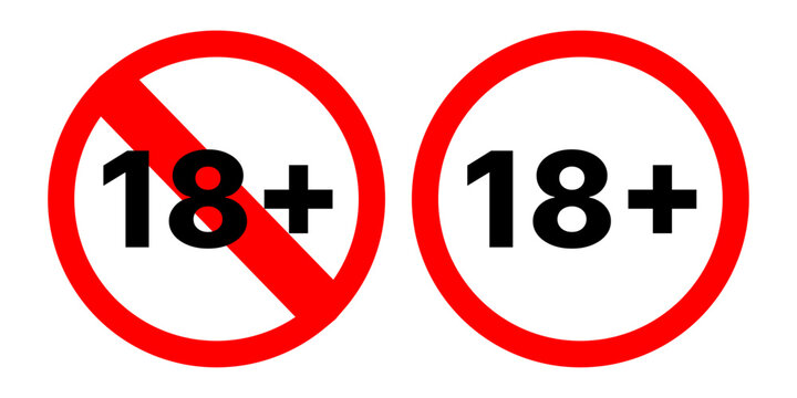 Icon of 18 plus age restriction sign vector of over eighteen years old adult limit censored content only warning symbol, 18+ alert permission access red label, prohibition or forbidden information.