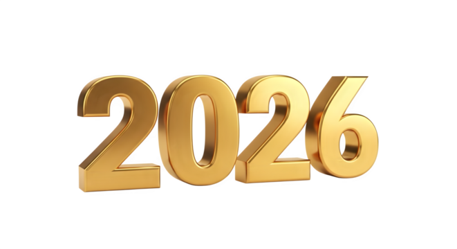Golden threedimensional number 2026 isolated on transparent background, representing new year, future, and success