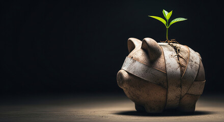 Broken Piggy Bank Repaired with Patches and a Growing Plant representing Financial Recovery, Growth, and Future Investment Hope Concept