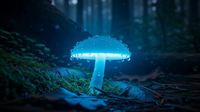 Enchanting Bioluminescent Mushroom Glows Mysteriously in Dark Forest.