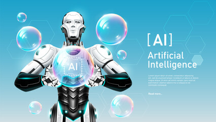 Fototapeta na wymiar Futuristic AI robot holding a soap bubble containing an AI chip symbol. Concept of technology market hype, investment risk, or fragile innovation, vector illustration