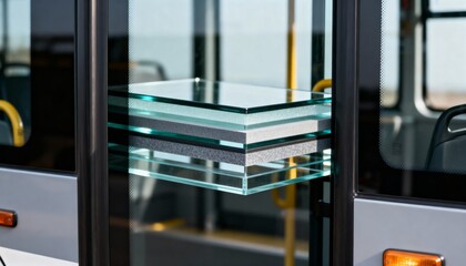 Medium shot of laminated safety glass in a bus door highlighting durability and passenger safety through multilayered construction