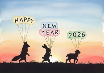 Silhouetted animals with balloons spelling happy new year 2026 against a sunset sky background image