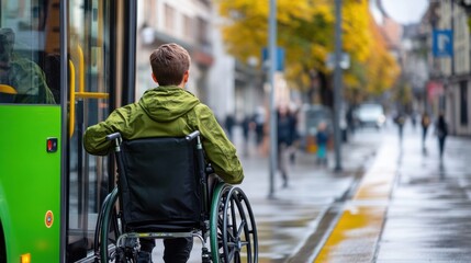 Schoolboy in wheelchair boarding electric city bus with ramp representing inclusive accessibility sustainable public transport urban mobility and authentic eco infrastructure
