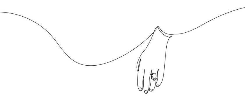The bride's hand wears a ring on her ring finger, in one continuous line. one line vector illustration Editable stroke.