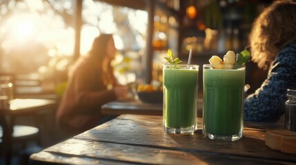Green smoothies on café table during winter Veganuary moment, symbolizing plant based choices, refreshing nutrition, seasonal wellness