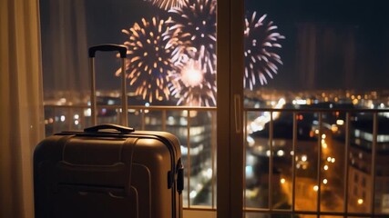 Travel Suitcase in Hotel Room Overlooking City Fireworks Display.