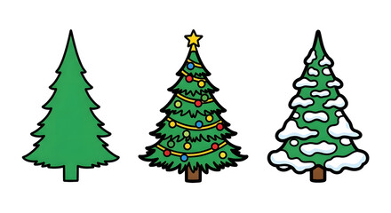 Obraz premium Sticker pack of three pine trees, plain, decorated, and snowy, on a transparent background, perfect for winter, Christmas, and nature-themed graphic design. 