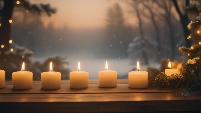 Warm candlelight illuminating a peaceful winter holiday scene.