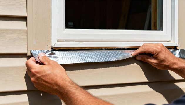 Closeup medium shot of hands applying exterior wall flashing around a window frame to ensure water tightness between siding and opening.