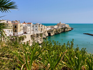 Vieste, Italy - August 6, 2025: Panoramic view of  Punta San Francesco with the Church of San Francesco and the Trabucco. Vieste, a touristic town in Gargano. Province of Foggia. Apulia, Puglia, Italy