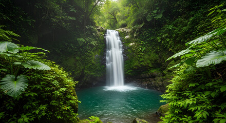 Hidden Paradise waterfall in a emerald jungle oasis: lush tropical landscape photography