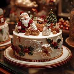 Festive Christmas Cake Decorated With Santa Claus Tree Gingerbread and Winter Figures