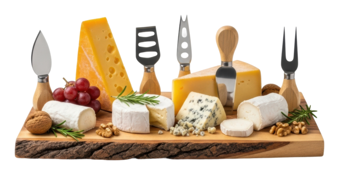 Cheese tasting event kitchen food platter rustic isolated on transparent background