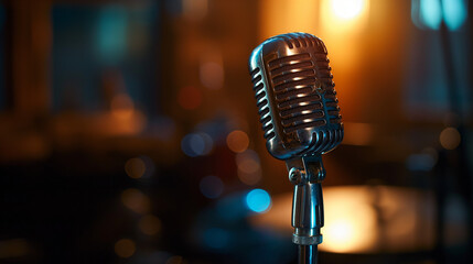 Retro microphone with stage lighting in warm ambiance