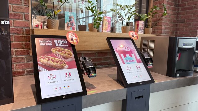 Wroclaw, Poland - October 24, 2025: Kentucky Fried Chicken digital menu display with hot dog promotion