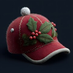 Burgundy Baseball Cap Decorated With Holly Leaves Berries and Festive Ornaments