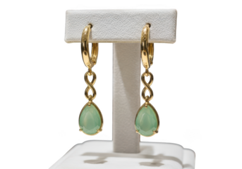 Elegant gold dangle earrings featuring pear shaped light green gemstone drops isolated on transparent background