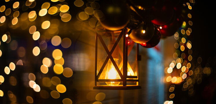 Christmas festive lantern on a fair at night - Powered by Adobe