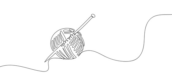 Yarn and knitting needles in one continuous line one line vector illustration Editable stroke.