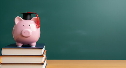 Piggy Bank on a Stack of Books against a Chalkboard representing Saving Money for Education and Future Career Goals Concept