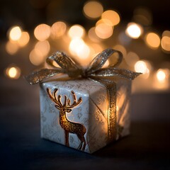 Illuminated Gift Box With Reindeer Design and Golden Bow Against Bokeh Lights
