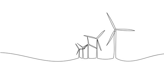 Multiple wind turbines generate electricity in a row in a continuous line. one line vector illustration Editable stroke. © Proongnee