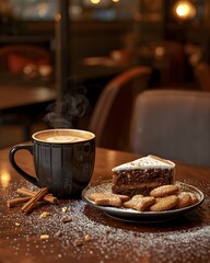 A warm café scene with a steaming cup of coffee, a slice of cake, and spiced cookies on a plate. Cozy lighting creates a comforting, inviting atmosphere.