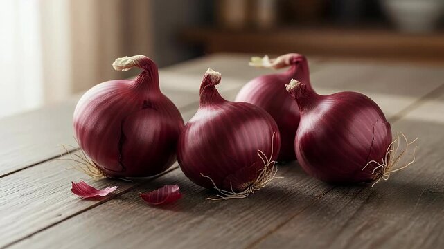 A close-up shot features a cluster of vibrant red onions resting on a rustic wooden surface, illuminated by soft, natural light. The rich, deep purple hues of the onions stand out against the warm, te
