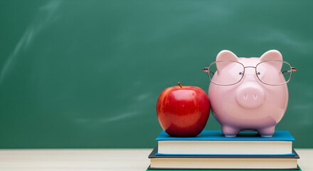 Piggy Bank and Red Apple on Books against a Chalkboard representing Saving Money for Education, Learning, and School Budget Concept