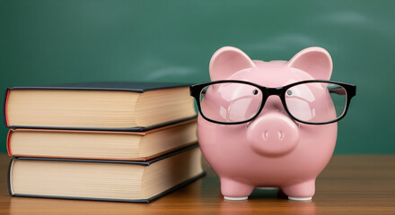 Piggy Bank with Glasses on Books representing Saving Money for Education, Financial Literacy, and Future Career Goals Concept