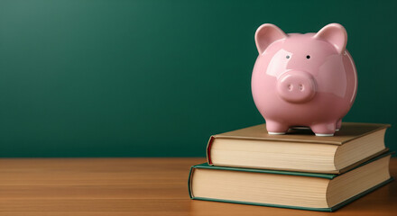 Piggy Bank on a Stack of Books on a Wooden Desk representing Saving Money for Education and Academic Financial Planning Concept