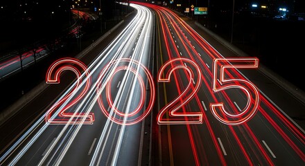 Highway at night with light trails and the year twenty twenty five