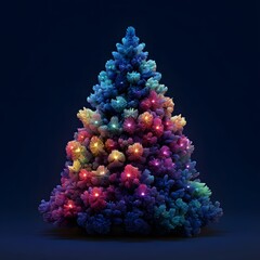 Vibrant Multi-Colored Christmas Tree With Rainbow Ornaments on Dark Blue Background