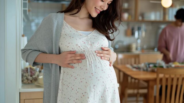 Happy pregnant woman in kitchen with husband cooking in background