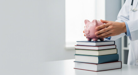 Doctor Holding a Piggy Bank next to Books representing Saving for Medical Education, Career Costs, and Healthcare Finance Concept