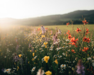 Vibrant wildflower meadow with diverse colorful blooms in soft golden sunlight colorful flowers