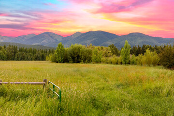 sunset scene with a farmer's field and mountains in the background in northwest Montana