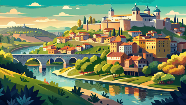 Very beautiful view of the Rio Tajo in Toledo, Spain, featuring the river winding through historic architecture, medieval bridges, and lush greenery, capturing the charm and timeless beauty of this ic