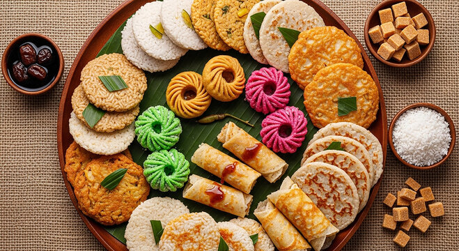 Various kinds of traditional indonesian jajan pasar arranged on wooden tray including getuk lupis klepon jongkong sentiling cenil tiwul gatot and serabi