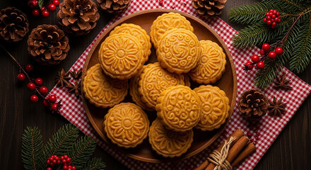 Fototapeta premium Golden Mooncakes Adorn Festive Table with Pine Cones and Berries on Checkered Cloth Symbolizing Celebration in Warm Setting on Wooden Background